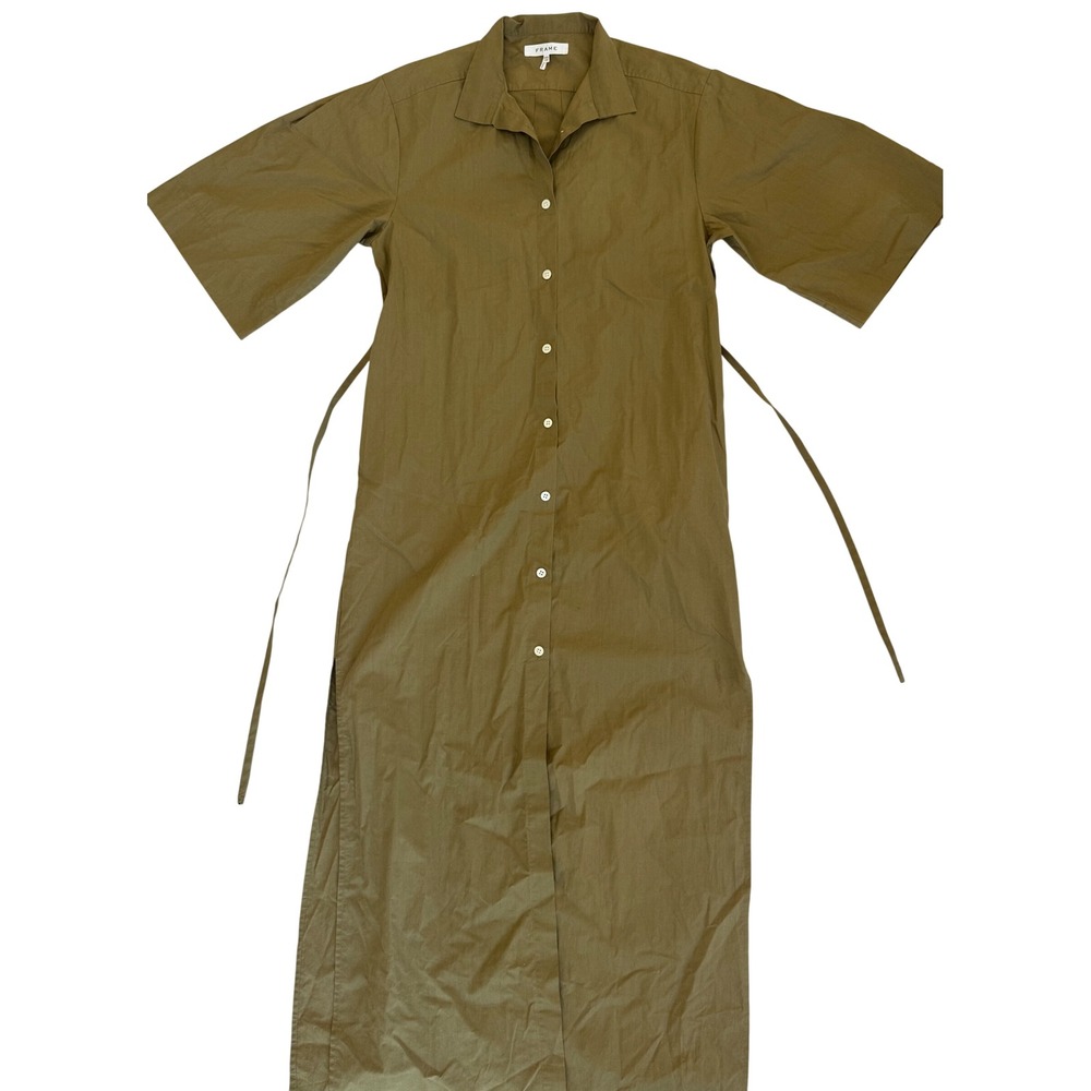 FRAME Womens Button Front Maxi Shirt Dress Size XXS Olive Green Tie Belt Waist